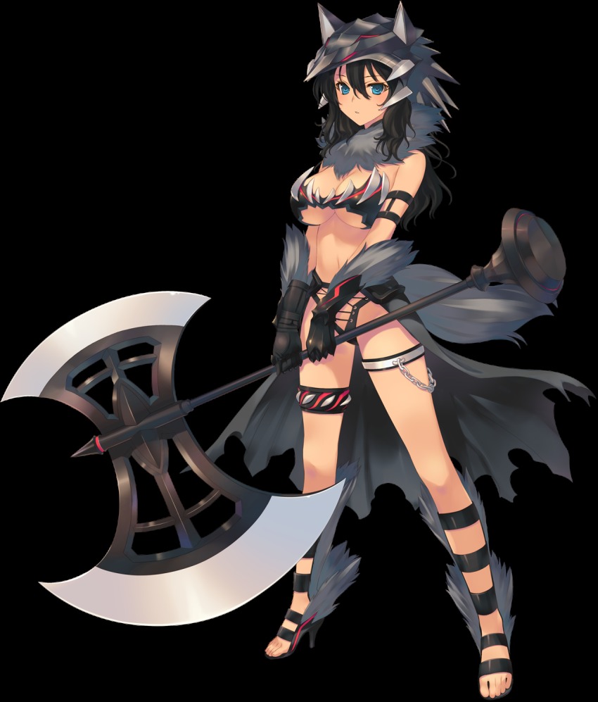 1girl amazuyu_tatsuki aquaplus armlet armor axe bare_shoulders battle_axe bikini_armor black_hair blue_eyes bou_(inubou) breasts cleavage dark-skinned_female dark_skin dungeon_travelers_2 female_focus full_body fur_trim gloves grisherina_efleanor hat high_heels highres holding holding_weapon jewelry large_breasts long_hair looking_at_viewer solo standing thigh_strap transparent_background weapon