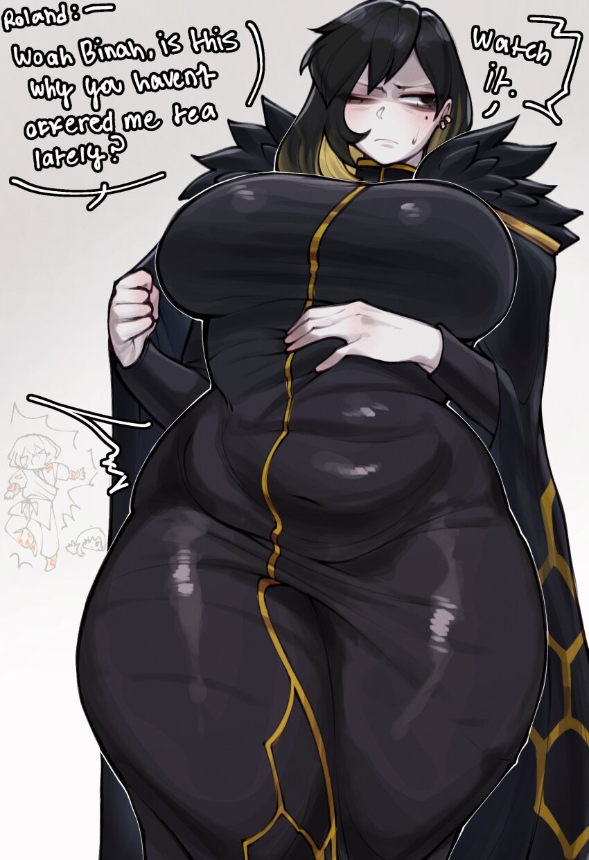 1boy 1girl absurdres binah_(project_moon) black_cape black_coat black_dress black_eyes black_hair blonde_hair blush breasts cape clenched_hand closed_mouth coat colored_inner_hair commentary curvy dress earrings english_commentary english_text fur-trimmed_cape fur-trimmed_coat fur_trim hand_on_own_stomach hexagon_print highres jewelry lapels large_breasts library_of_ruina long_hair long_sleeves looking_to_the_side mole mole_under_eye multicolored_hair one_eye_closed partially_shaded_face plump project_moon renata11033 shiny_clothes simple_background sinclair_(project_moon) solo solo_focus speech_bubble sweat sweatdrop technology_liberation_alliance_(identity)_(project_moon) thick_thighs thighs white_background wide_hips