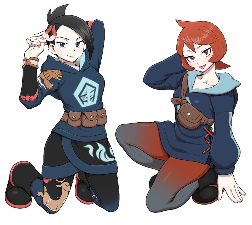 2girls arezu_(pokemon) black_hair blue_eyes blush breasts closed_mouth collarbone cowlick diamond_clan_outfit eyelashes hair_ornament highres hood hoodie jacket jewelry long_sleeves looking_at_viewer mai_(pokemon) mole mole_under_mouth multiple_girls nintendo nutkingcall pantyhose pokemon pokemon_legends:_arceus red_eyes red_hair red_pantyhose short_hair smile