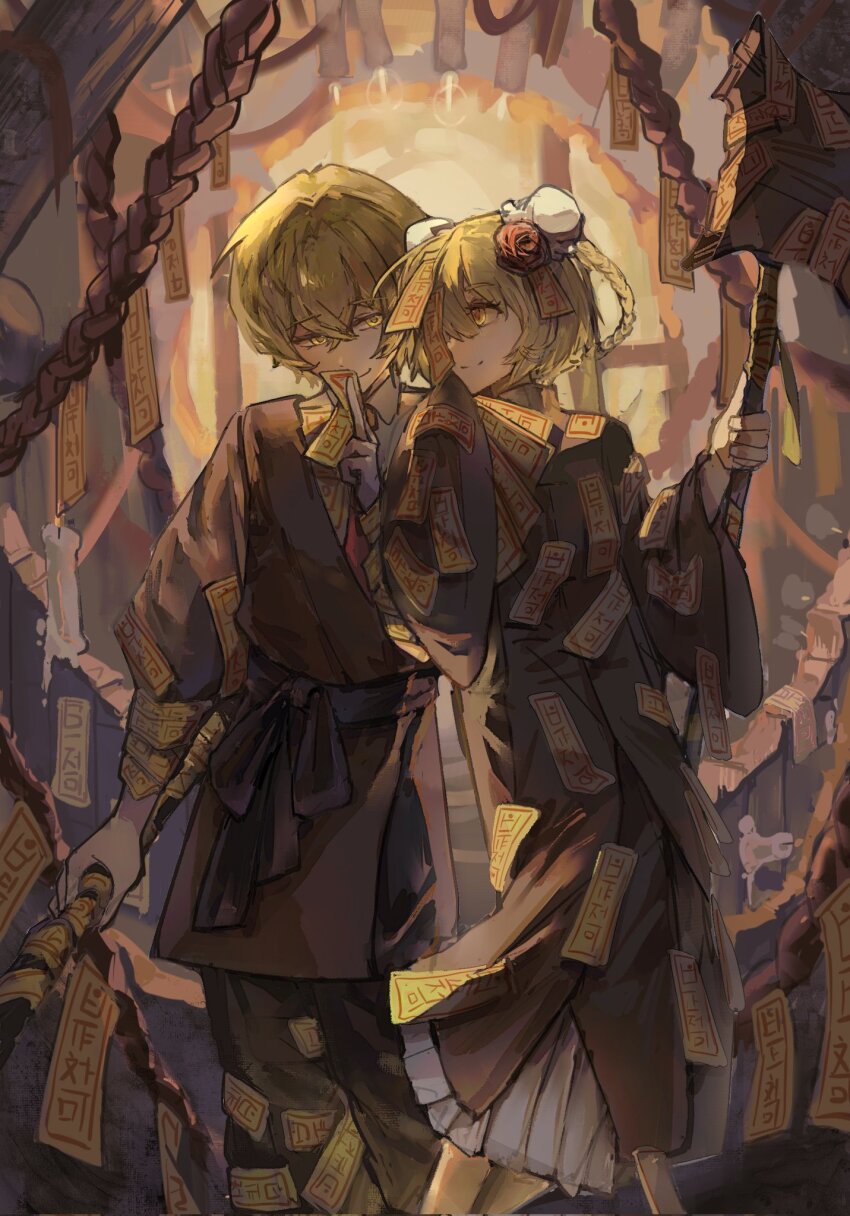 09gugugu 1boy 1girl black_sash blonde_hair brown_pants brown_robe don_quixote_(project_moon) double_bun e.g.o_(project_moon) flower hair_bun highres limbus_company looking_at_another necktie pants pinstripe_coat project_moon red_flower red_necktie red_rose red_sheet_(e.g.o) robe rope rose sash short_hair sinclair_(project_moon) standing talisman upper_body yellow_eyes