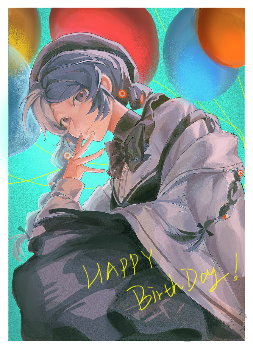 1girl aqua_background balloon balloon_party beret black_bow black_bowtie black_hat black_skirt bow bowtie braid closed_mouth coat fingers_to_mouth grey_eyes grey_hair hand_up happy_birthday hat highres long_hair looking_at_viewer low_twin_braids luanbu overall_skirt reverse:1999 shirt skirt solo too_many_balloons twin_braids upper_body white_coat white_shirt