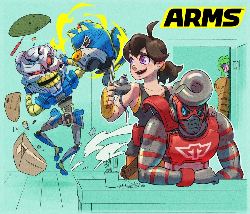 2boys 2girls ahoge alternate_hairstyle android aqua_background arms_(game) barq blue_eyes brown_hair byte_(arms) commentary_request dr._coyle green_hair hedlok highres logo mechanica_(arms) multiple_boys multiple_girls nintendo official_art ponytail purple_eyes repairing robot screwdriver simple_background @_@ springtron yamamoto_yuu