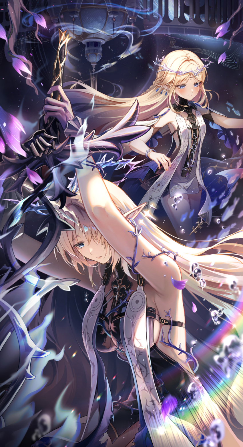 2girls armpit_crease black_collar black_dress blonde_hair blue_eyes blush breasts cartethyia_(wuthering_waves) closed_mouth collar commentary crown_of_thorns crying crying_with_eyes_open dress earrings fleurdelys_(wuthering_waves) highres holding holding_sword holding_weapon horns jewelry karen_(navy_42) large_breasts long_hair medium_breasts multiple_girls parted_lips pointy_ears sad single_horn smile sword symbol-only_commentary tabard tacet_mark_(wuthering_waves) tears very_long_hair weapon white_tabard wuthering_waves yellow_horns