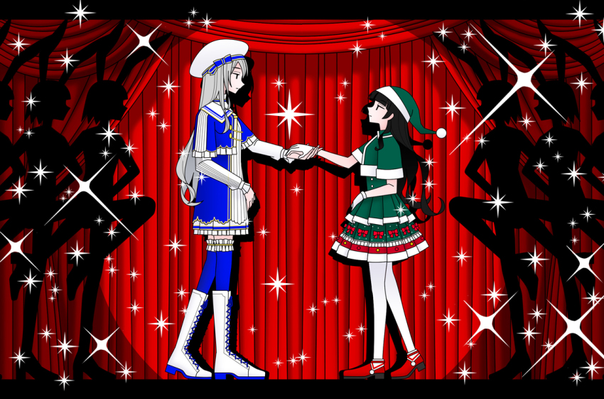 6+girls beret black_eyes black_hair blue_dress blue_jacket blue_thighhighs blunt_bangs boots closed_mouth commentary_request cropped_jacket cross-laced_footwear curtains dress drop_shadow expressionless eye_contact from_side gloves green_dress green_hat green_jacket grey_hair hat heel_up higuchi_kaede higuchi_kaede_(7th_costume) hinoyama_ena holding_hands jacket jitome knee_boots kumeta_kouji_(style) layered_sleeves long_hair long_sleeves looking_at_another multiple_girls nijisanji profile recurring_image red_footwear santa_costume santa_dress santa_hat short_dress short_over_long_sleeves short_sleeves silhouette sparkle spotlight stage stage_curtains thighhighs tsukino_mito tsukino_mito_(santa) virtual_youtuber white_footwear white_gloves