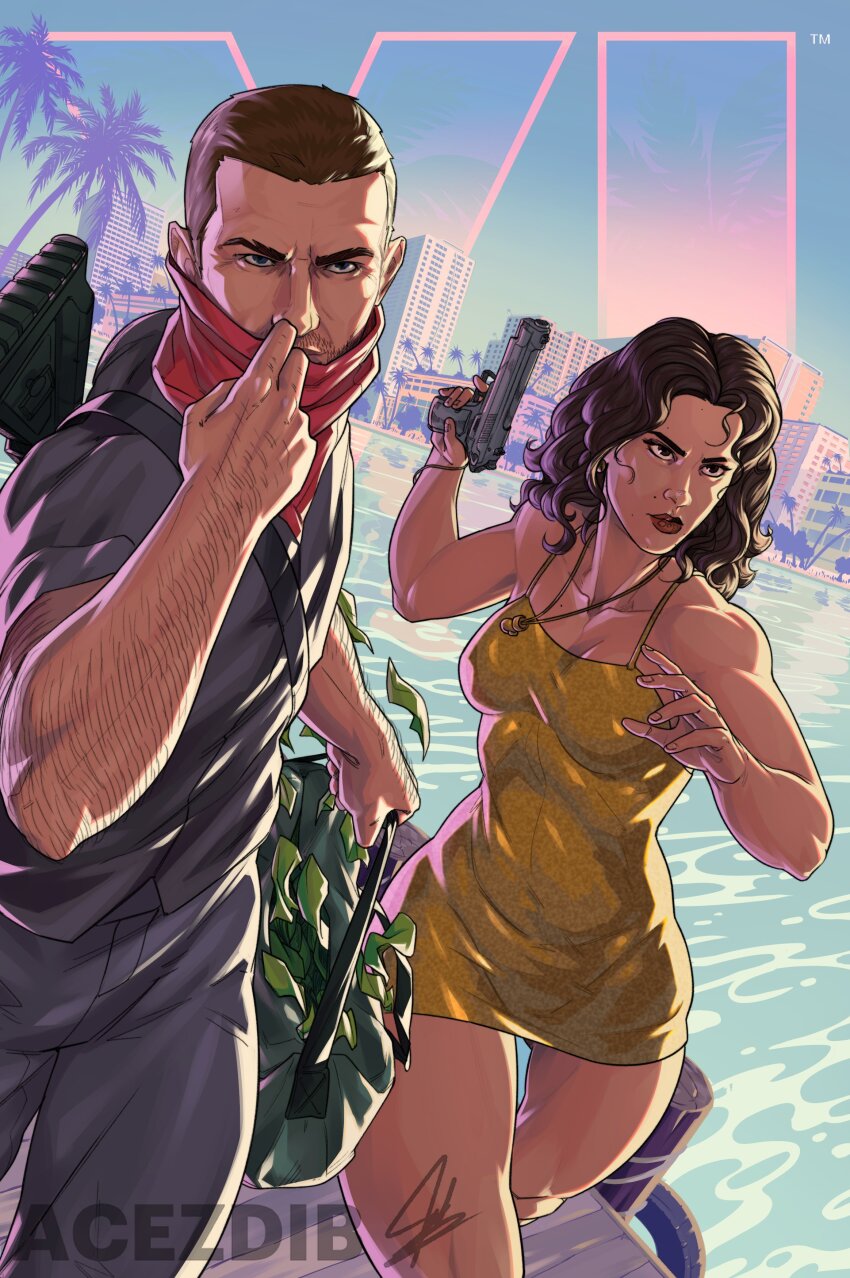 1boy 1girl absurdres acezdib artist_name beach beretta_92 building dark-skinned_female dark_skin dress gold_dress grand_theft_auto grand_theft_auto_vi gun handgun highres holding holding_gun holding_weapon jason_duval lucia_caminos medium_hair miami money_bag short_hair signature watermark weapon
