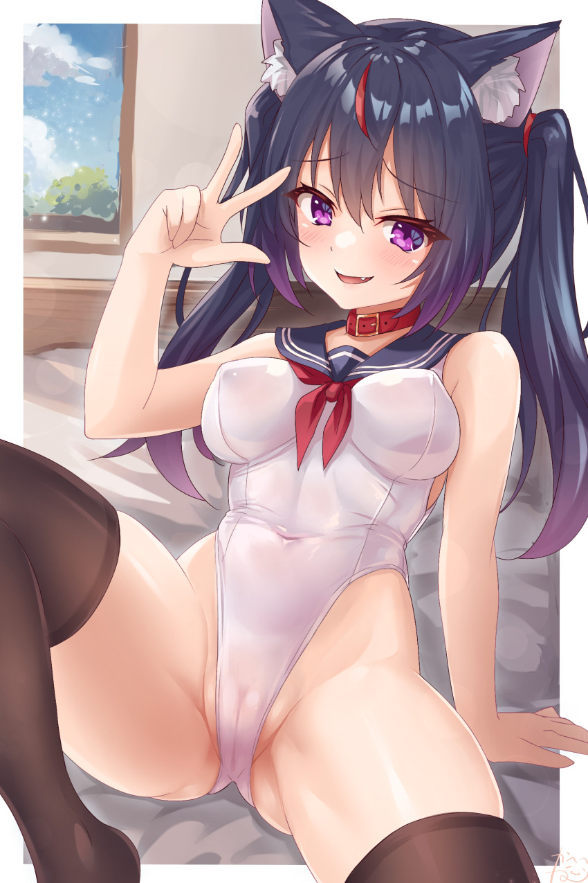 1girl :d absurdres animal_ear_fluff animal_ears black_hair black_thighhighs blue_sailor_collar blush breasts cat_ears cat_girl commentary_request covered_erect_nipples fang hair_tie highres kazuneko-chan kazuneko_(wktk1024) long_hair looking_at_viewer medium_breasts neckerchief one-piece_swimsuit open_mouth original purple_eyes red_neckerchief sailor_collar sailor_one-piece_swimsuit sitting smile solo swimsuit thighhighs twintails v white_one-piece_swimsuit window