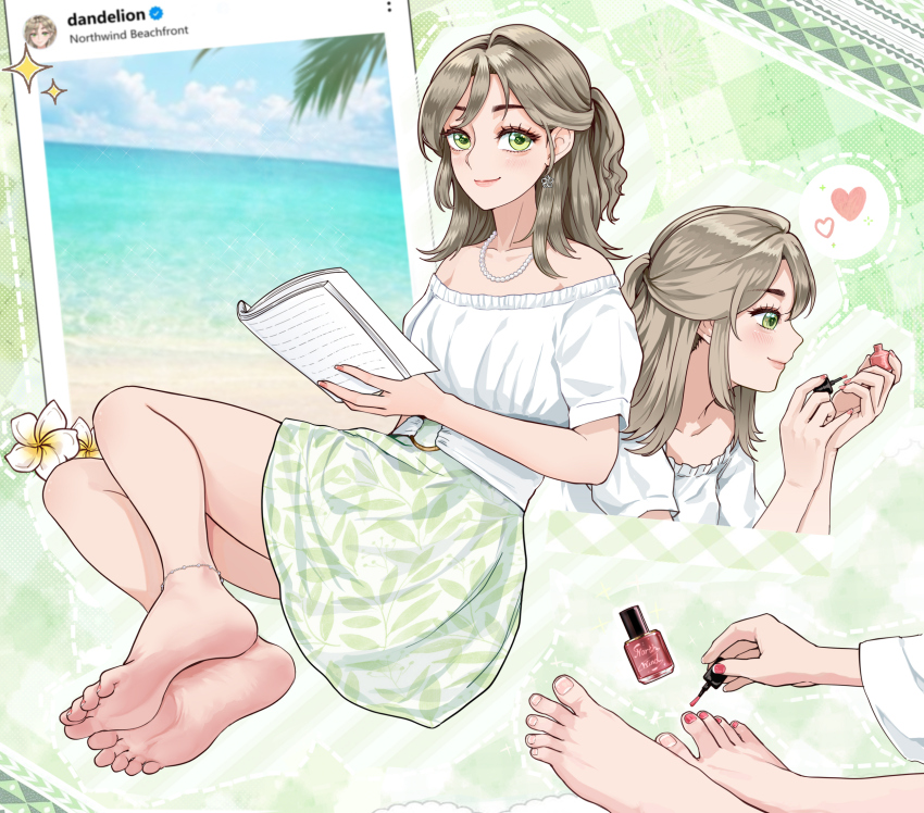 1girl applying_manicure applying_pedicure bare_arms bare_legs barefoot beifeng_han book brown_hair cosmetics feet foot_focus gem green_eyes highres jewelry legs looking_at_viewer medium_hair nail_polish nail_polish_bottle original painting_toenails ponytail soles toenail_polish toenails toes