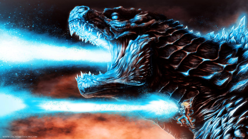 1boy beam crossover dark_background dougi dragon_ball dragonball_z electricity epic fangs firing glowing glowing_eyes glowing_hair godzilla godzilla_(2014) godzilla_(series) gradient_background highres kaiju legendary_pictures monster monsterverse open_mouth son_goku super_saiyan super_saiyan_2 toho zach_smithson