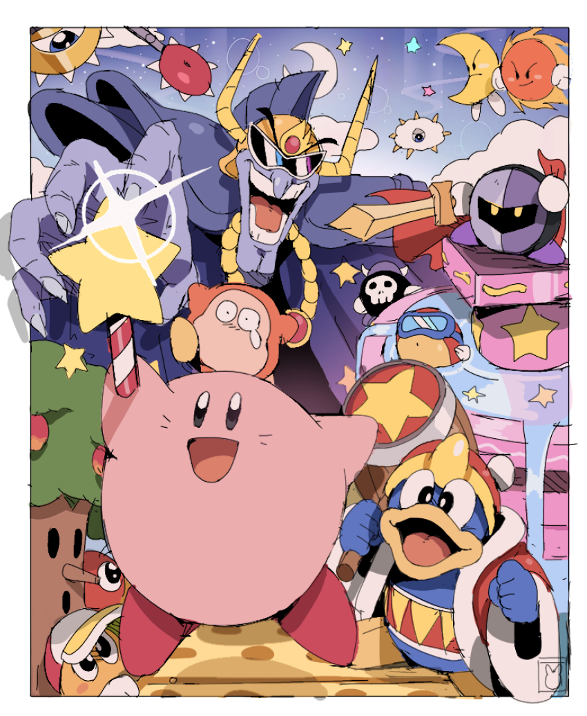 :d apple armor arms_up baseball_cap bendedede black_eyes blipper blue_cape blue_eyes bomber_(kirby) border bright_pupils cape closed_mouth cloud commentary crescent_moon diving_mask english_commentary fish food fountain fountain_of_dreams frown fruit fur-trimmed_jacket fur_trim goggles hammer hat heavy_mole helmet highres holding holding_hammer holding_sword holding_wand holding_weapon horns jacket jewelry king_dedede kirby kirby&#039;s_adventure kirby_(series) kracko long_sleeves looking_at_another mask meta_knight moon mr._bright mr._shine necklace nightmare_(kirby) nintendo one-eyed open_clothes open_jacket open_mouth outside_border paint_roller_(kirby) pauldrons red_cape red_headwear red_jacket shoulder_armor skull sky smile smirk spikes star_(sky) star_(symbol) star_rod star_wand starry_sky sun sunglasses sword tears teeth tree v-shaped_eyebrows waddle_dee waddle_doo wand water weapon whispy_woods white_border white_pupils wide-eyed wide_sleeves yellow_eyes yellow_headwear