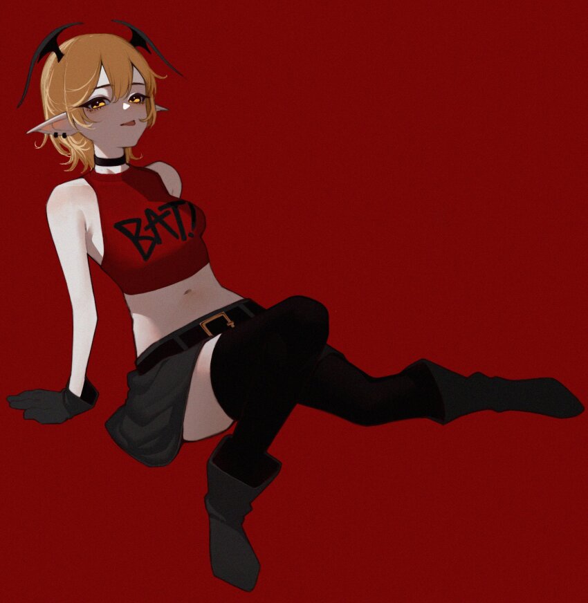 1girl :p anemoneeanemone bare_arms bare_shoulders belt black_belt black_boots black_choker black_gloves black_skirt black_thighhighs blonde_hair boots borrowed_character breasts choker clothes_writing crop_top ear_piercing full_body gloves hair_between_eyes head_wings highres leaning_back long_pointy_ears looking_at_viewer medium_breasts midriff navel original piercing pointy_ears red_background scarlett_(justadrian) shirt short_hair simple_background sitting skirt sleeveless sleeveless_shirt solo thighhighs tongue tongue_out wings yellow_eyes