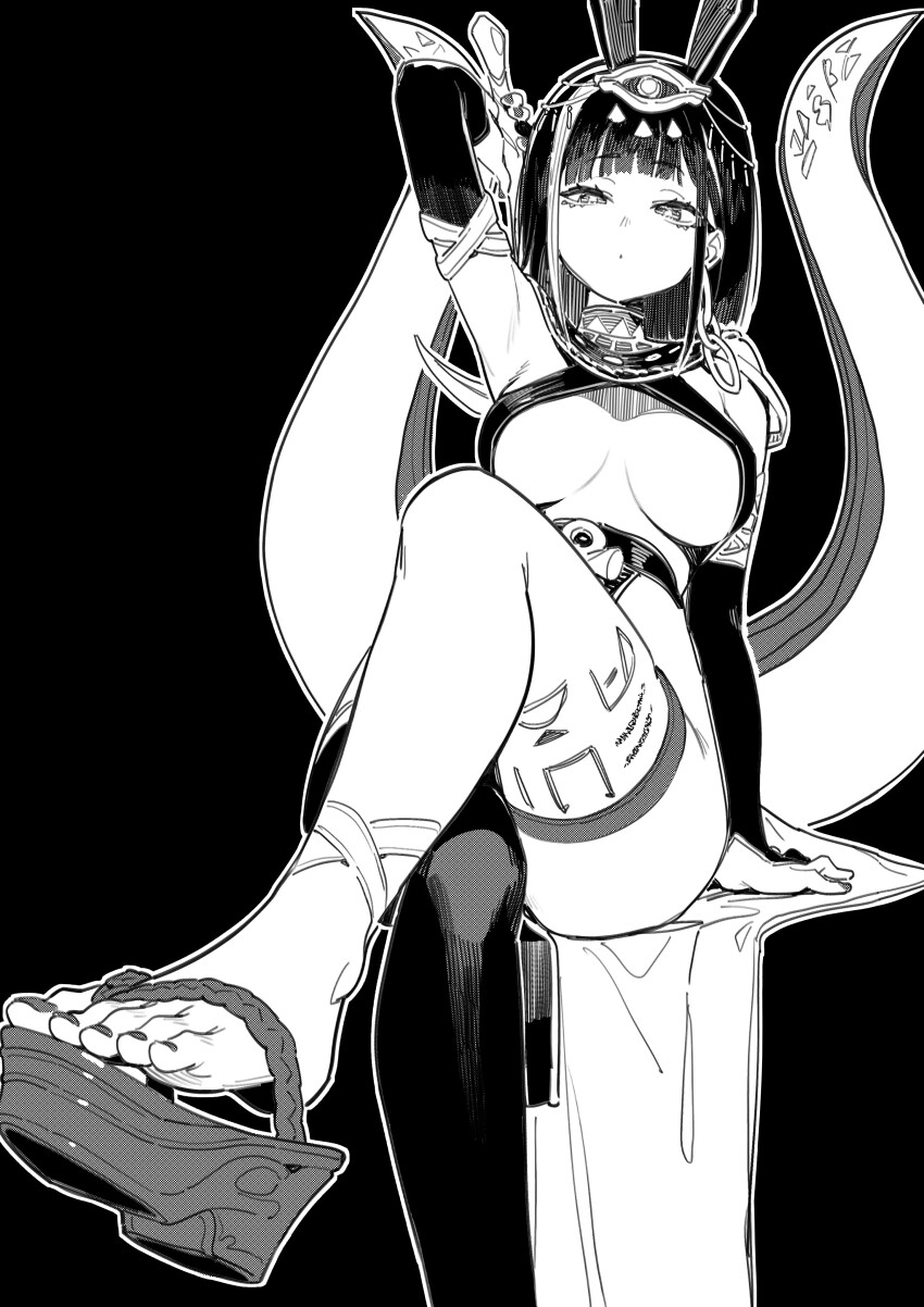 1girl absurdres breasts crossed_legs ddal feet highres monochrome okobo original platform_sandals sandals sideboob single_thighhigh sitting thigh_strap thighhighs
