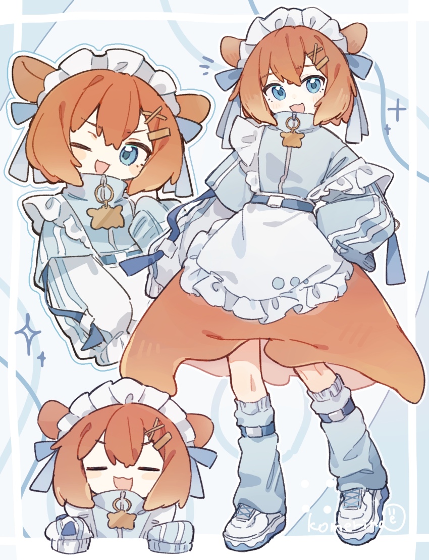 1boy :3 :d =_= absurdres apron artist_name blue_background blue_bow blue_dress blue_eyes blue_ribbon blue_socks bow closed_eyes collared_dress commentary crossdressing crossdressing_(mtf) dot_nose double-parted_bangs dress frilled_apron frills front_zipper full_body hair_between_eyes hair_ornament hair_ribbon hairclip hand_up hands_on_own_hips hands_up head_tilt highres jersey_maid kneehighs komerina light_blush long_sleeves looking_at_viewer maid maid_apron maid_headdress male_focus male_maid medium_hair multiple_views octopus_boy one_eye_closed open_mouth orange_hair orange_skirt original personification portrait puffy_sleeves ribbon shoes sidelocks skirt sleeves_past_fingers sleeves_past_wrists smile sneakers socks standing star_(symbol) trap turtleneck turtleneck_dress umbrella_octopus unconventional_maid upper_body v-shaped_eyebrows waist_apron white_apron white_headdress white_shoes