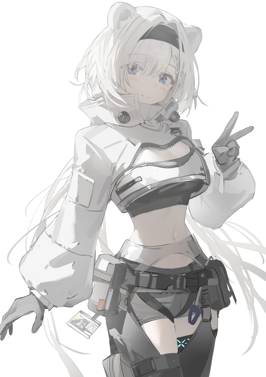 1girl absurdres animal_ears arknights aurora_(arknights) bear_ears belt black_chaps black_hairband black_tank_top blue_eyes blush breast_zipper breasts cleavage_cutout clothing_cutout collared_jacket commentary cowboy_shot crop_top english_commentary gloves grey_shorts hair_between_eyes hair_ornament hairband hairclip high_collar highres id_card infection_monitor_(arknights) jacket large_breasts long_hair long_sleeves looking_at_viewer luozhou_pile midriff navel parted_bangs shorts sketch smile solo tank_top utility_belt v very_long_hair white_background white_hair white_jacket