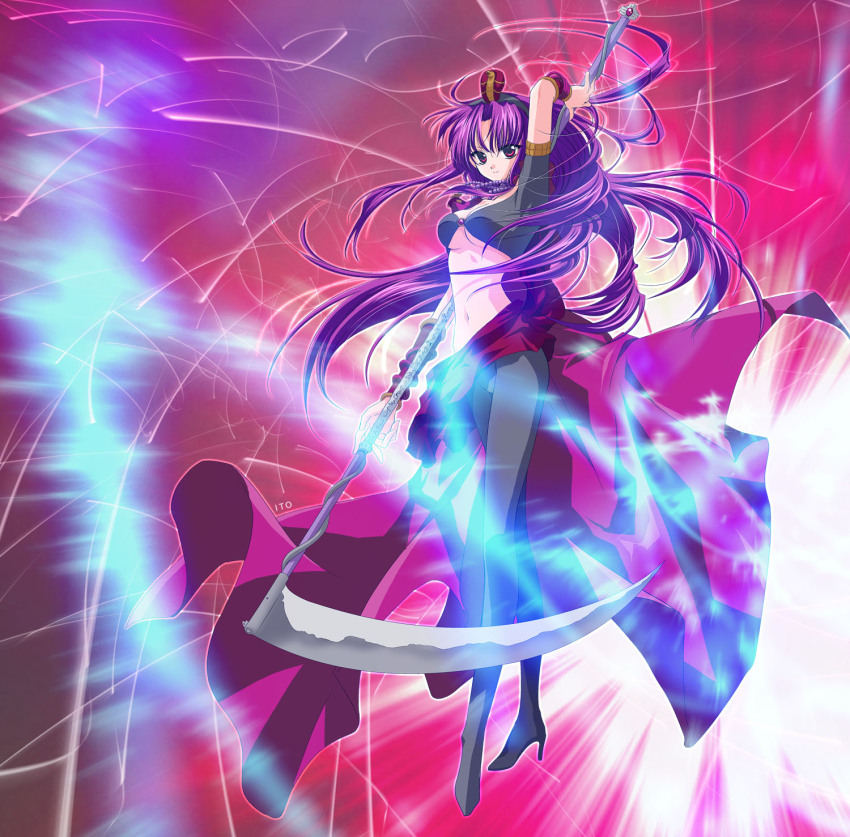 1girl arm_up artist_name bead_necklace beads bracelet bracer breasts cleavage cobra_(animal) commentary_request floating_clothes floating_hair full_body headdress high_heels highres holding holding_scythe ito jewelry koizumi_akako long_hair looking_at_viewer magic_kaito medium_breasts midriff multiple_bracelets navel necklace parted_bangs purple_eyes purple_hair scythe solo underboob very_long_hair