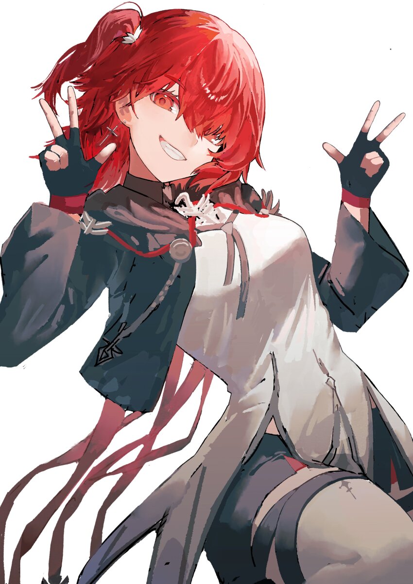 1girl absurdres arknights black_gloves black_jacket black_shorts breasts commentary cropped_jacket cross cross_earrings double_w dutch_angle earrings exusiai_(arknights) exusiai_the_new_covenant_(arknights) fingerless_gloves gloves grin highres jacket jewelry long_sleeves looking_at_viewer medium_breasts one_side_up open_clothes open_jacket red_eyes red_hair sanzuitaroh shirt short_shorts shorts simple_background smile solo symbol-only_commentary w white_background white_shirt