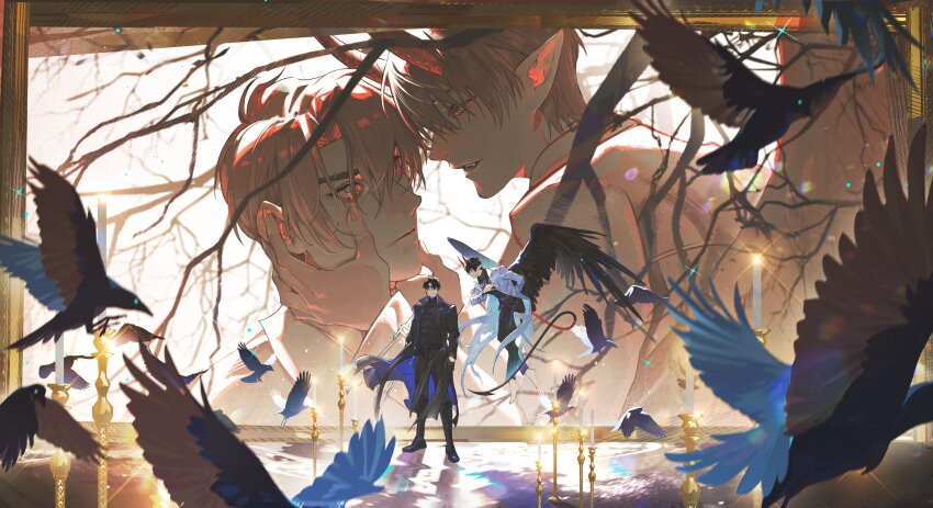 2boys absurdres arm_behind_back barefoot bird black_boots black_coat black_hair black_wings blue_eyes boots border branch candlestand coat crow curtained_hair demon_horns demon_tail fangs feathered_wings full_body grabbing_another&#039;s_chin hair_between_eyes hand_on_another&#039;s_chin hand_on_another&#039;s_face hand_on_own_chest haze highres horns kim_dokja light_particles looking_at_another male_focus multiple_boys multiple_views official_alternate_costume omniscient_reader&#039;s_viewpoint open_mouth ornate_border outside_border pointy_ears red_eyes reflective_floor standing tack_ka_2_0 tail too_many too_many_birds white_coat wings yoo_joonghyuk