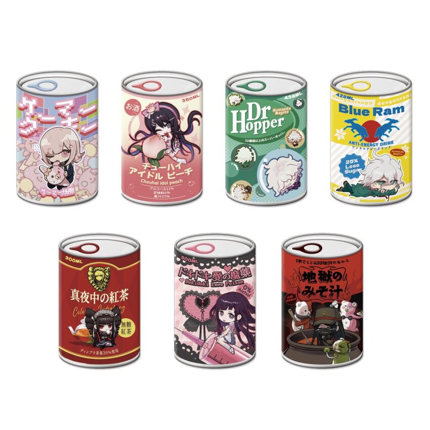 black_hair bow brown_hair can celestia_ludenberg danganronpa:_trigger_happy_havoc danganronpa_(series) danganronpa_2:_goodbye_despair danganronpa_v3:_killing_harmony ear_bow english_text galaga green_hat hat komaeda_nagito long_hair maizono_sayaka mask medium_hair monomi_(danganronpa) monophanie monotaro_(danganronpa) mouth_mask nanami_chiaki no_humans one_eye_closed sensenko_(plotana_ssk) shinguji_korekiyo simple_background smile syringe tea translation_request tsumiki_mikan white_background
