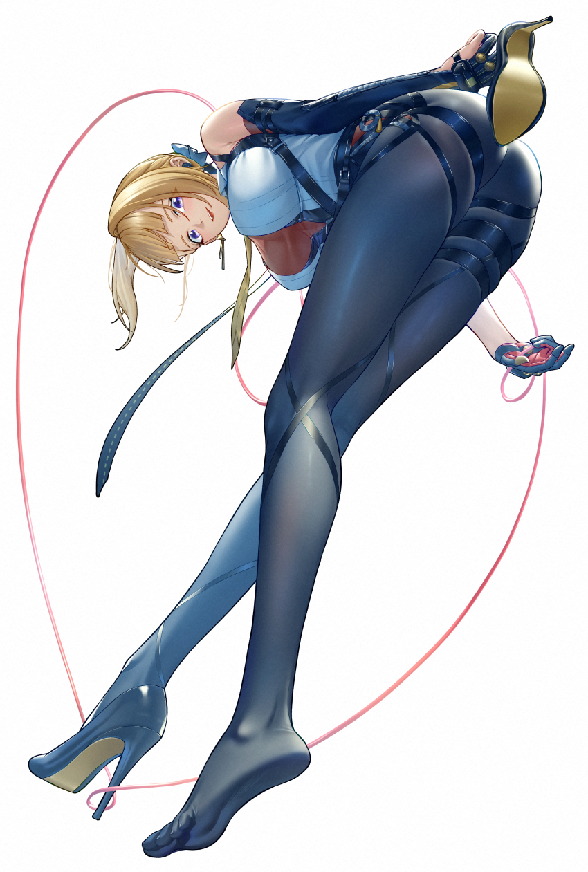 1girl absurdres arms_behind_back ass asymmetrical_gloves black_pantyhose blonde_hair blue_pantyhose blue_shoes breasts commentary_request commission dutch_angle evelyn_chevalier from_below full_body gloves head_down high_heels highres hitpig large_breasts long_legs looking_at_viewer mismatched_gloves pantyhose partially_fingerless_gloves pixiv_commission purple_eyes sagging_breasts shoes simple_background soles solo taut_clothes white_background zenless_zone_zero