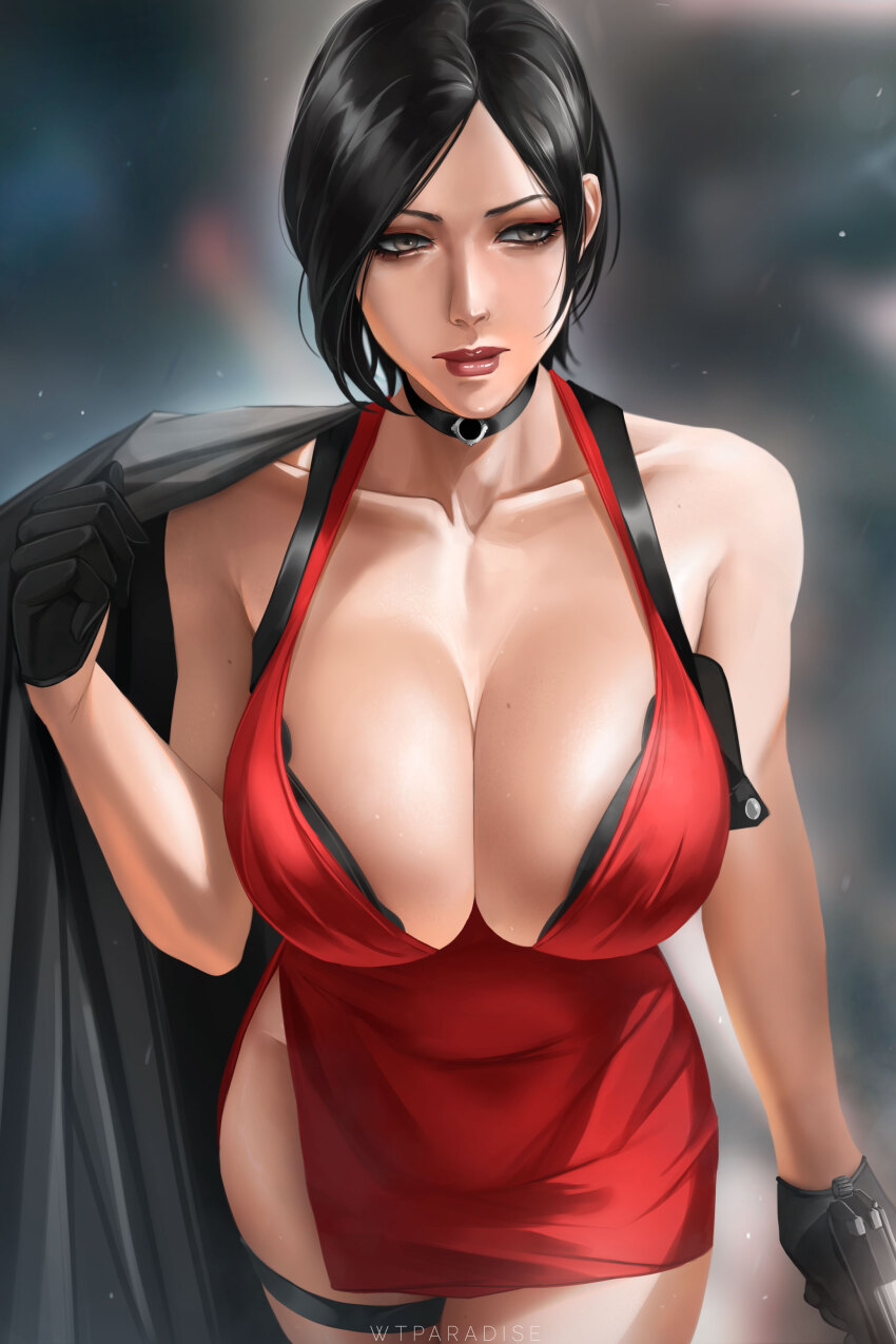 1girl absurdres ada_wong artist_name bare_shoulders black_bra black_choker black_gloves black_hair blurry blurry_background bra breasts brown_eyes choker cleavage closed_mouth collarbone commentary dress english_commentary female_focus from_above gloves gun half_gloves handgun highres holding holding_gun holding_jacket holding_unworn_clothes holding_weapon holster jacket large_breasts parted_bangs red_dress red_lips resident_evil short_dress short_hair shoulder_holster side_slit solo thigh_strap underwear unworn_jacket weapon wtparadise