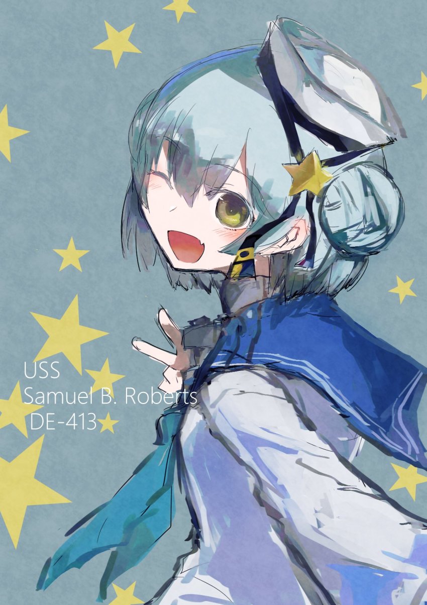 1girl ;d agtt25333 blue_background blue_hair blue_neckerchief blue_sailor_collar blush character_name dixie_cup_hat double_bun eyebrows fang female_focus hair_between_eyes hair_bun hat highres kantai_collection long_sleeves military_hat neckerchief one_eye_closed open_mouth sailor_collar samuel_b._roberts_(kancolle) school_uniform serafuku shirt short_hair smile solo star_(symbol) text_focus upper_body v white_hat white_shirt yellow_eyes
