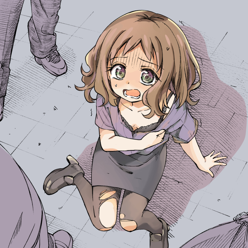 1girl 3boys amanatsu_konami arm_support black_bra bra bra_peek breasts brown_eyes brown_hair chain cleavage commentary_request fukaku-tei gloom_(expression) high_heels highres loafers lower_teeth_only make_heroine_ga_oo_sugiru! multiple_boys on_floor pantyhose pencil_skirt petite purple_shirt school_uniform shirt shoes short_hair short_sleeves skirt small_breasts small_sweatdrop sneakers surrounded teacher teacher_and_student teeth torn_clothes torn_pantyhose trembling underwear wavy_hair wavy_mouth