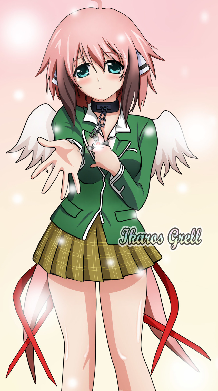 1girl :o ahoge akashiya_moka akashiya_moka_(cosplay) artist_request blue_eyes blush breasts brown_hair brown_skirt chain collar collared_shirt commentary_request cosplay cross crossover feathered_wings female_focus gradient_background gradient_hair green_shirt hair_between_eyes hair_ribbon head_tilt highres holding holding_cross ikaros light_particles long_hair long_sleeves looking_at_viewer low_twintails medium_breasts multicolored_hair outstretched_arm parted_lips pink_background pink_hair plaid_clothes plaid_skirt pleated_skirt pocket red_ribbon ribbon robot_ears rosario+vampire school_uniform shirt sidelocks simple_background skirt solo sora_no_otoshimono standing twintails very_long_hair white_shirt white_wings wings yellow_background