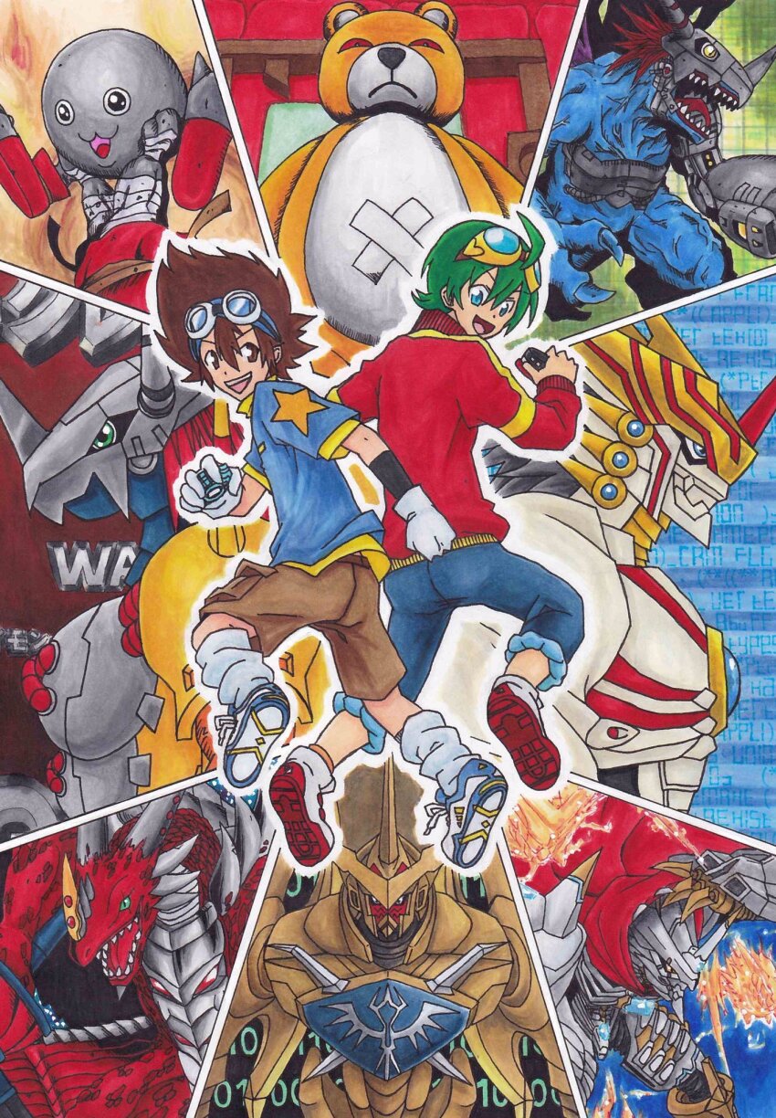 appmon digimon digimon_adventure digimon_universe:_appli_monsters durandamon examon gaiamon_(appmon) highres jesmon mamemon metalgreymon_(virus) monzaemon shinkai_haru wargreymon yagami_taichi