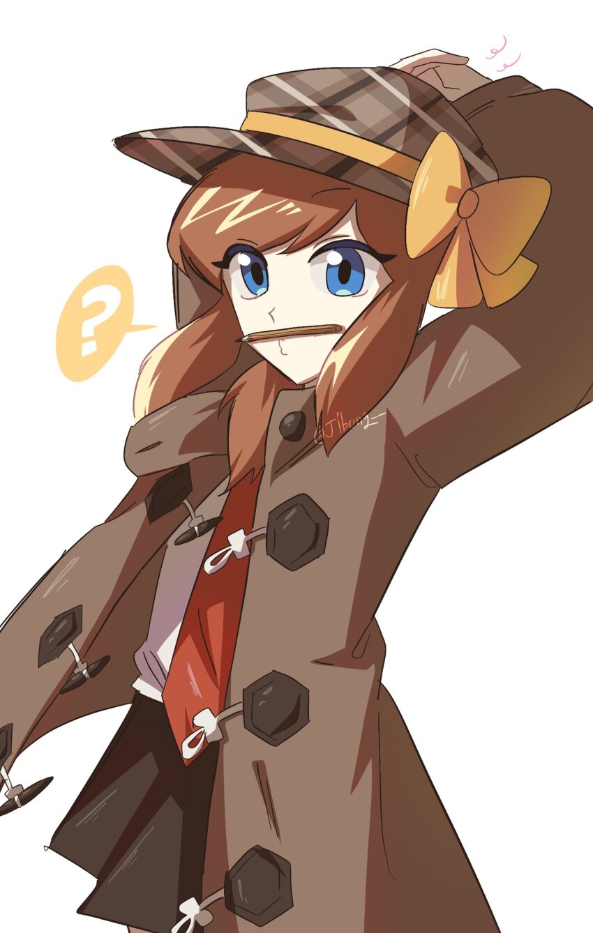 1girl ? a_hat_in_time arms_behind_head black_skirt blue_eyes brown_coat brown_hair coat duffel_coat hat hat_kid hat_ribbon highres jibung long_sleeves necktie o3o pencil pencil_as_mustache plaid_clothes plaid_headwear puckered_lips red_necktie ribbon shirt sidelocks skirt solo speech_bubble twitter_username white_background white_shirt yellow_ribbon