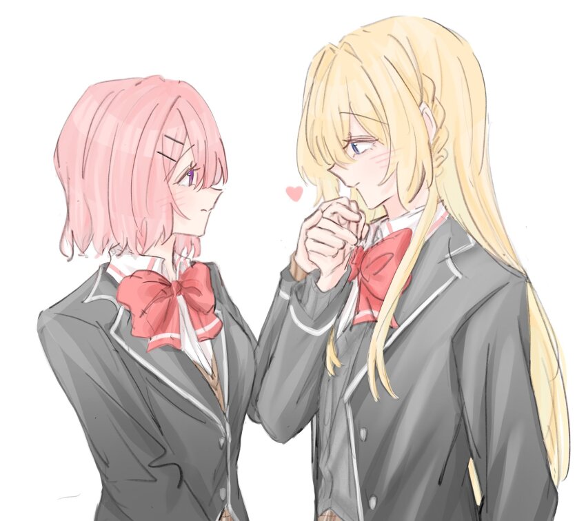 2girls amaori_renako ashigaya_high_school_uniform blonde_hair blush bow bowtie braid closed_mouth fen_(sef_fen) hair_intakes hair_ornament hairclip hashtag-only_commentary highres holding_hands long_hair looking_at_another medium_hair multiple_girls ouzuka_mai parallel_hairclips pink_hair purple_eyes red_bow school_uniform shirt simple_background smile upper_body watashi_ga_koibito_ni_nareru_wake_naijan_murimuri! white_background white_shirt yuri