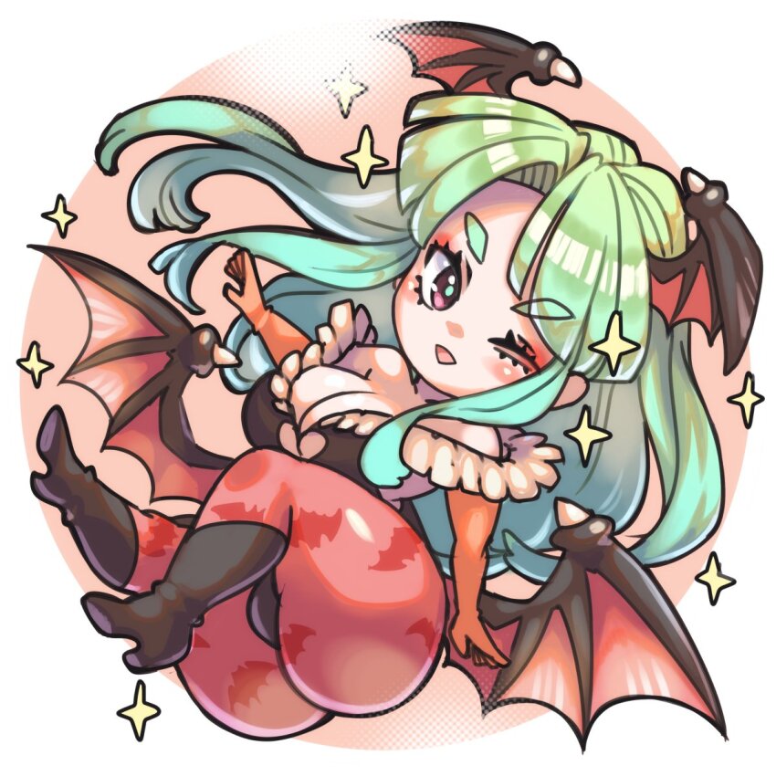 1girl animal_print ass bare_shoulders bat_print black_boots black_leotard blunt_bangs boots breasts chibi cleavage cleavage_cutout clothing_cutout darkstalkers demon_girl demon_wings feather_trim full_body gloves green_hair head_wings heart_cutout highres kuwango large_breasts leotard looking_at_viewer morrigan_aensland one_eye_closed orange_gloves pantyhose parted_bangs parted_lips print_pantyhose purple_eyes smile solo sparkle strapless strapless_leotard thick_eyebrows thighs wings