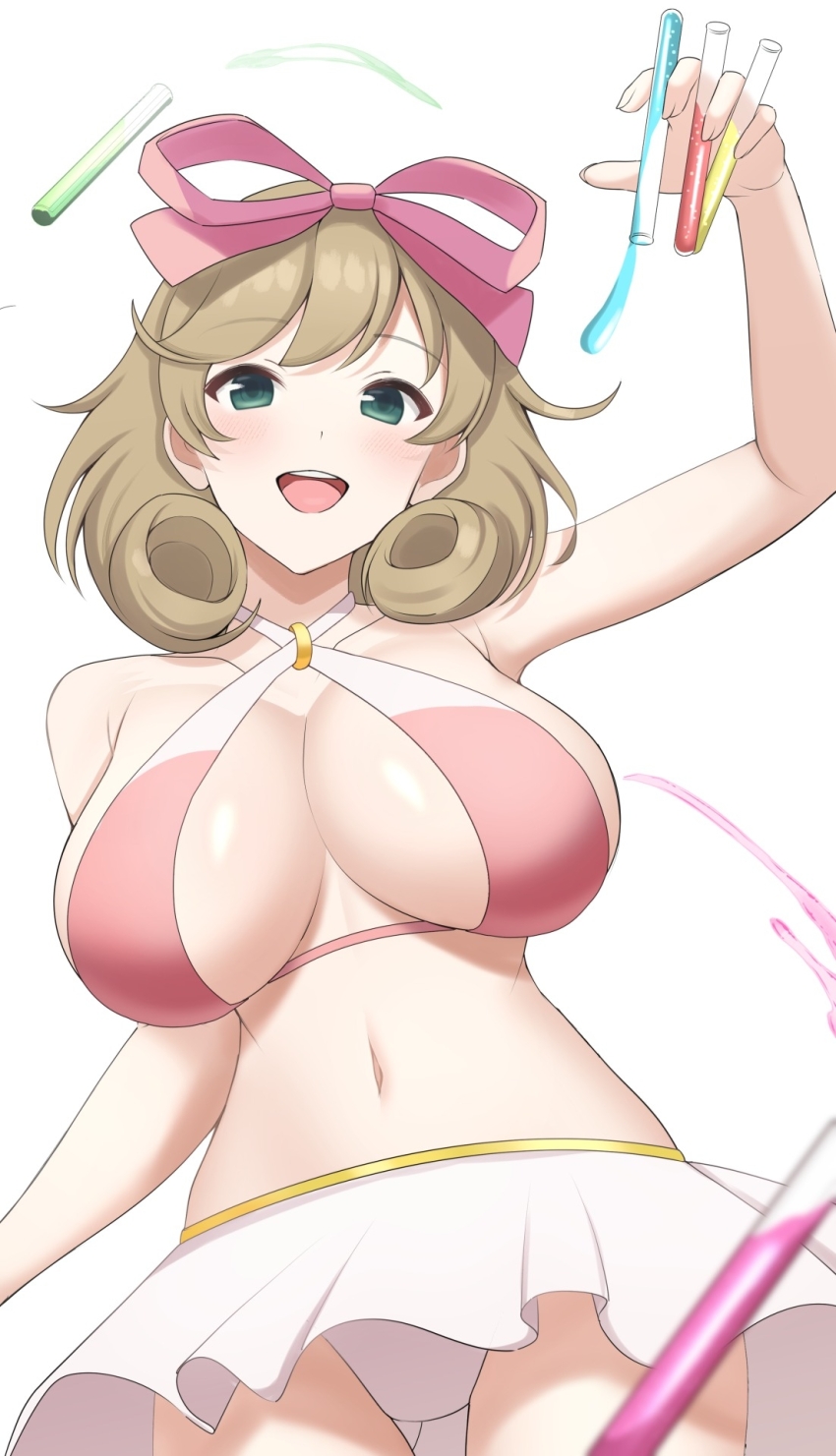 1girl arm_up armpit_crease bikini bikini_skirt blush bow breasts chemicals cleavage collarbone criss-cross_halter curly_hair fingernails gluteal_fold green_eyes hair_bow halterneck haruka_(senran_kagura) highres holding holding_test_tube large_breasts light_brown_hair linea_alba looking_at_viewer navel o-ring o-ring_bikini o-ring_top open_mouth pink_bow ribbon senran_kagura senran_kagura_estival_versus senran_kagura_shinovi_versus senran_kagura_shoujo-tachi_no_shin&#039;ei shiny_skin short_hair simple_background smile solo surippa1010 swept_bangs swimsuit swimsuit_skirt teeth test_tube tongue upper_teeth_only vial white_background