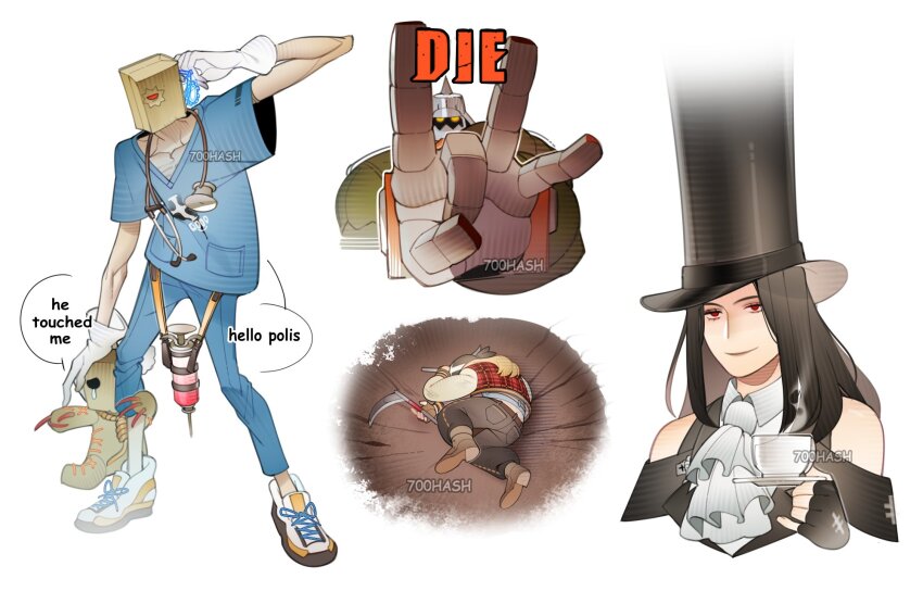1other 3boys 700hash androgynous ascot axl_low bag bag_over_head bandana black_gloves black_hair black_headwear blonde_hair blue_shirt crater cup defeat doctor faust_(guilty_gear) fingerless_gloves gloves glowing glowing_eye green_jacket guilty_gear guilty_gear_strive hat highres holding holding_cup holding_saucer holding_stuffed_toy jacket kama_(weapon) kusarigama long_fingers long_hair long_sleeves looking_at_viewer lying male_focus meme multiple_boys on_ground on_side other_focus paper_bag plaid_clothes plaid_jacket potemkin_(guilty_gear) red_eyes red_jacket saucer shirt short_sleeves sickle simple_background smile spiked_helmet stethoscope stuffed_toy syringe testament_(guilty_gear) top_hat upper_body weapon white_ascot white_gloves yamcha_pose_(meme)