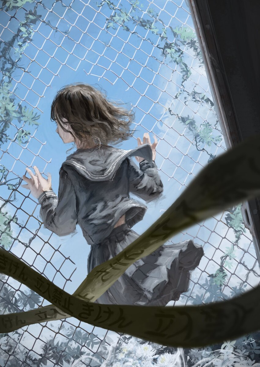 1girl arai_bokuseki black_serafuku black_skirt blue_sky caution_tape chain-link_fence day facing_away fence from_behind highres long_sleeves medium_hair original outdoors plant pleated_skirt sailor_collar school_uniform serafuku skirt sky surreal vines