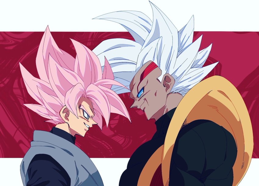 2boys armor baby_(dragon_ball) black_bodysuit black_shirt blue_eyes bodysuit corruption dark_persona dragon_ball dragon_ball_gt dragon_ball_super from_side goku_black grey_eyes grey_tunic highres komesan_0212 looking_at_another male_focus mechabare medium_hair multiple_boys no_eyebrows open_mouth pink_hair possessed possession profile red_background shirt smile smirk spiked_hair super_saiyan super_saiyan_rose teeth toei_animation trait_connection tunic upper_body white_hair yellow_armor
