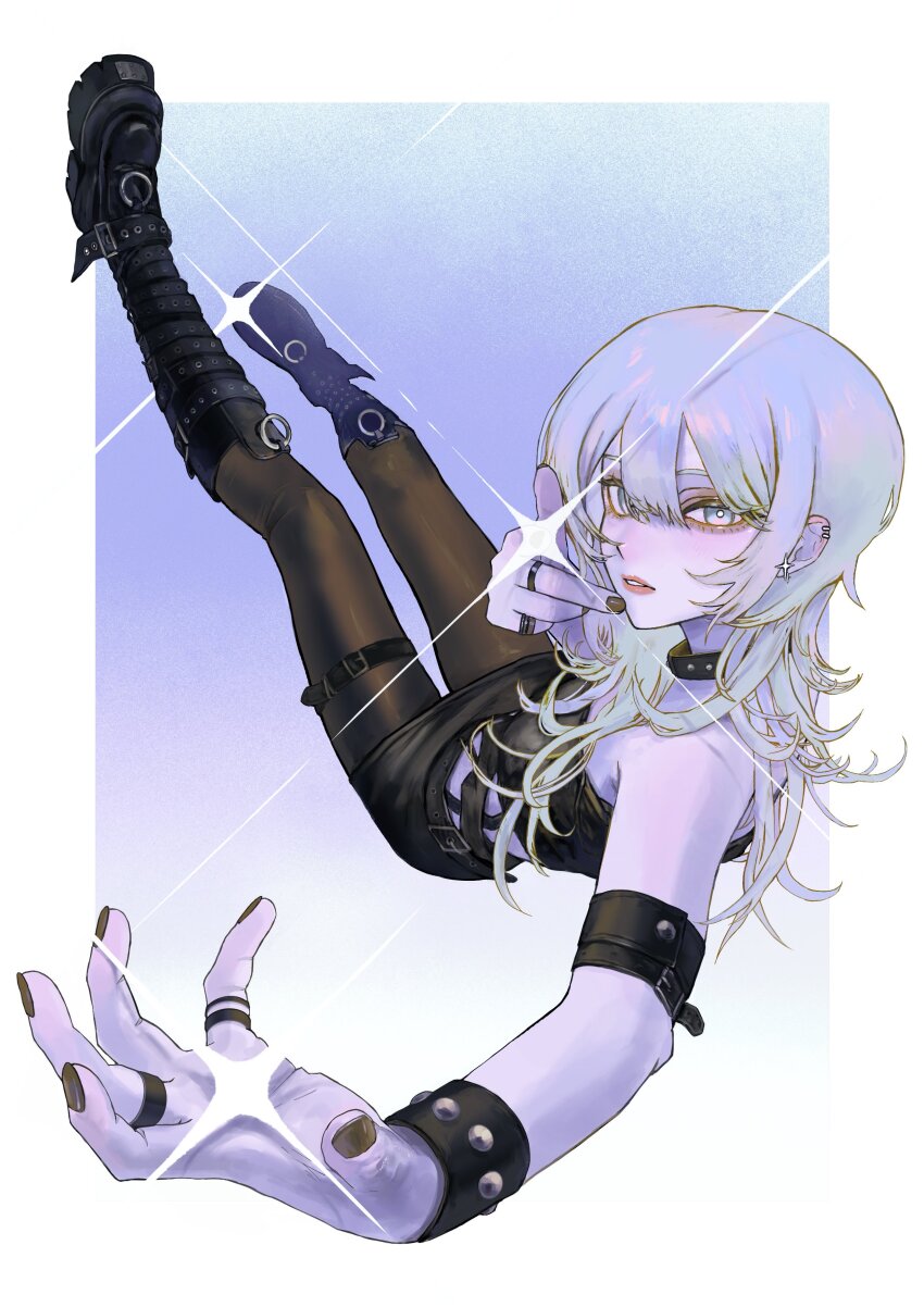 1girl absurdres bare_shoulders belt_boots black_boots black_choker black_nails black_pantyhose black_skirt black_tube_top blue_eyes blue_hair boots border bracelet breasts bright_pupils choker commentary earclip earrings english_commentary eyelashes eyeshadow full_body gradient_background gradient_hair hair_between_eyes highres jewelry knee_boots long_hair looking_at_viewer lui_n24 makeup middle_finger multicolored_hair multiple_rings original outside_border pantyhose parted_lips pointing pointing_at_viewer purple_background purple_hair red_lips ring skirt small_breasts solo sparkle star_(symbol) star_earrings strapless studded_bracelet studded_choker thigh_strap tube_top white_border white_pupils