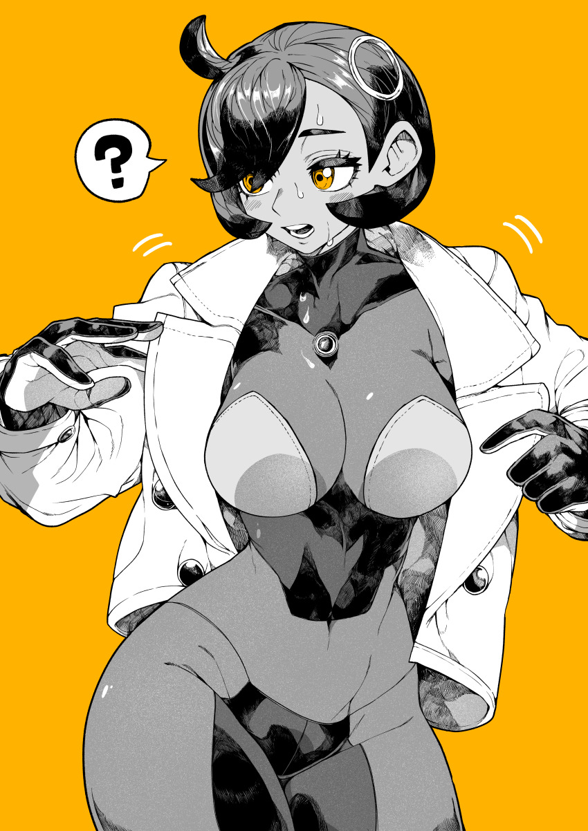 1girl ? absurdres ahoge blush bodysuit bodysuit_under_clothes breasts commentary covered_navel cowboy_shot dark-skinned_female dark_skin emma_(pokemon) gloves greyscale_with_colored_background highres jacket looking_to_the_side medium_breasts mega_stone nintendo open_clothes open_jacket open_mouth orange_background orange_eyes pokemon pokemon_legends:_z-a ring_hair_ornament short_hair simple_background skin_tight solo spoken_question_mark spot_color standing sweat swept_bangs two-sided_gloves yotsumi_shiro