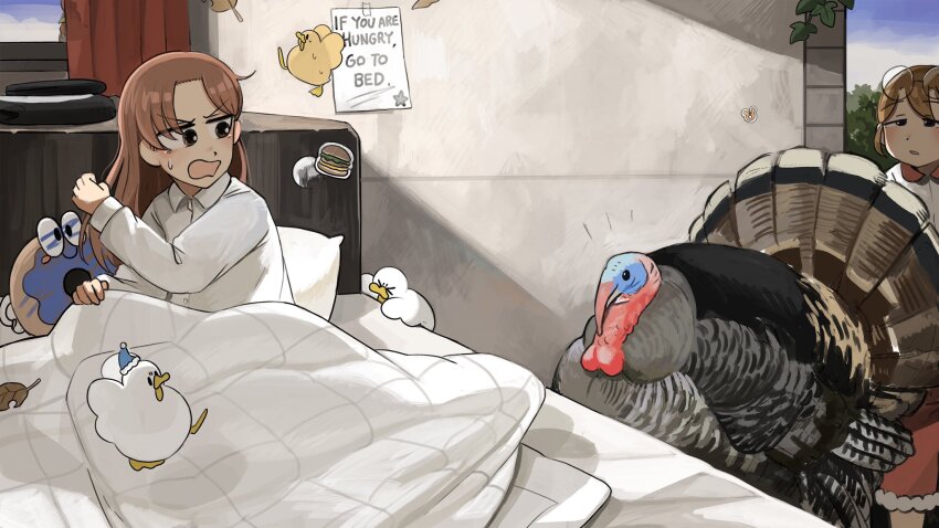2girls baby_animal bed bird brown_eyes brown_hair chicken commentary diva_(hyxpk) duck duckling english_commentary english_text eyewear_on_head food-themed_pillow glasses glasses_nun_(diva) highres hungry_nun_(diva) little_nuns_(diva) long_hair multiple_girls round_eyewear slice_of_life turkey_(bird) under_covers