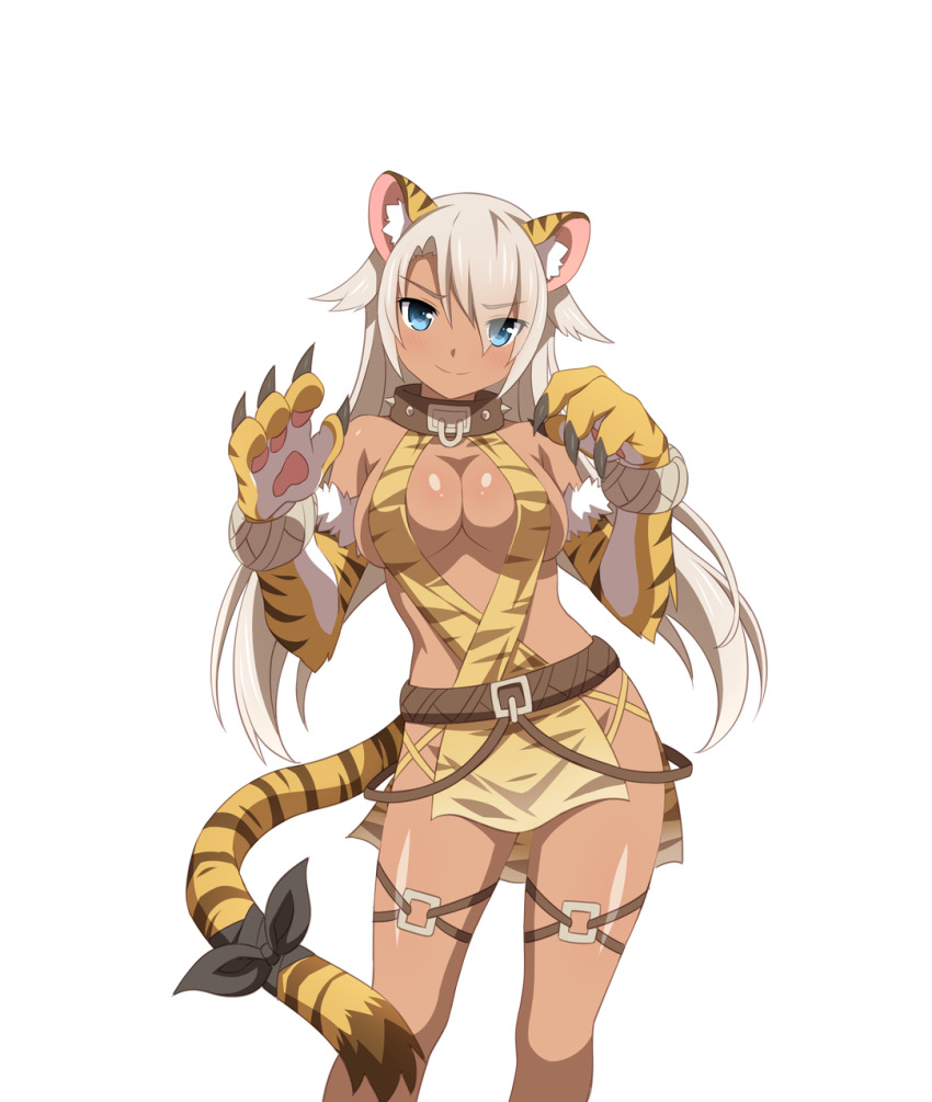 1girl animal_ears animal_hands blue_eyes claws evil_smile grey_hair highres leash official_art sakura_dungeon smile sprite tail tall_female tan tiger_(sakura_dungeon) tiger_ears tiger_paws tiger_tail wanaca