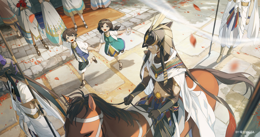 1girl 3boys abs absurdres ancient_egyptian_clothes aqua_dress armlet black_gloves black_pants black_shirt black_shorts blurry boots braid brown_eyes brown_hair carpet chinese_commentary cloak commentary_request cropped_shirt dark-skinned_male dark_skin darkcatowo depth_of_field dress elbow_gloves faceless faceless_male falling_petals feet_out_of_frame flower genshin_impact gloves hair_between_eyes hair_over_shoulder head_out_of_frame headpiece helmet highres holding holding_flower holding_hands holding_leash holding_polearm holding_weapon horse horseback_riding jacket jewelry king_deshret_(genshin_impact) leash long_hair looking_at_another multiple_boys multiple_others pants petals polearm purple_shirt red_flower red_rose riding robe rose running sandals shadow shirt short_hair shorts sleeveless sleeveless_shirt smile stone_walkway teeth twin_braids upper_teeth_only vambraces walking waving weapon white_cloak white_dress white_flower white_jacket white_pants white_robe