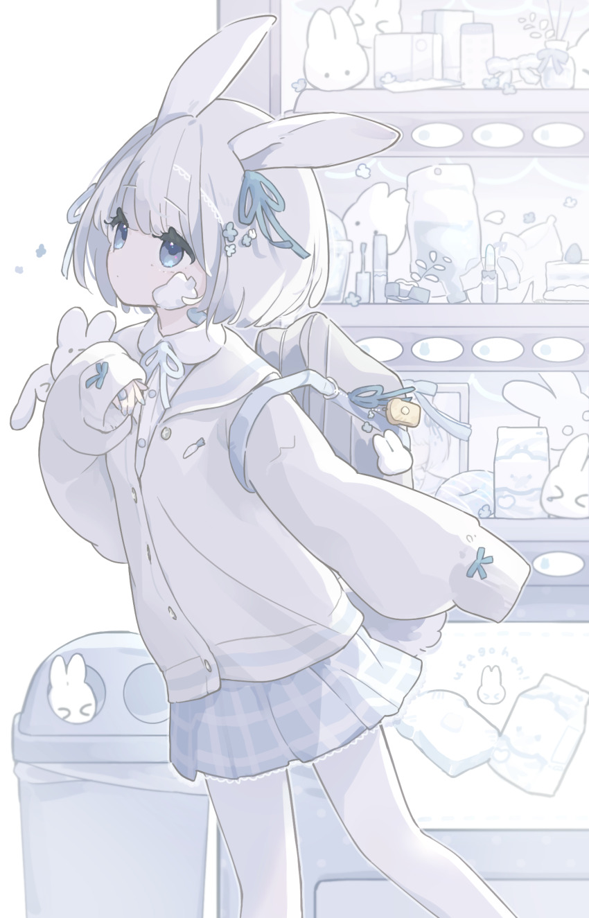 1girl absurdres animal_ears bag bandaid bandaid_on_neck blue_eyes blue_ribbon blue_skirt cardigan closed_mouth dot_mouth expressionless frilled_skirt frills gauze gauze_on_cheek grey_bag grey_hair highres indoors long_sleeves looking_ahead neck_ribbon no_nose original pantyhose plaid_clothes plaid_skirt rabbit_ears rabbit_girl rabbit_tail ribbon rin_awashina sailor_collar school_bag shoulder_bag skirt solo tail trash_can white_cardigan white_pantyhose white_sailor_collar