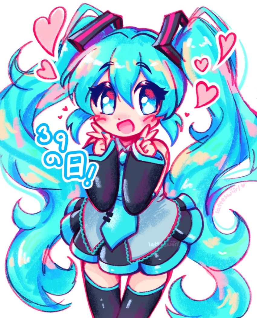 1girl 39 alt_text black_skirt black_thighhighs blue_eyes blue_hair blue_nails blue_necktie blush collared_shirt commentary double_v english_commentary grey_shirt hair_behind_ear hatsune_miku heart highres latteswiirl necktie open_mouth shirt simple_background skirt sleeveless sleeveless_shirt sleeves_past_wrists smile solo thighhighs twintails v vocaloid white_background