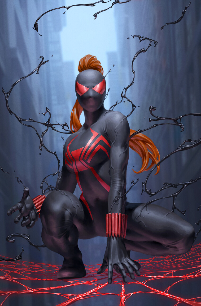 1girl black_bodysuit black_mask black_widow blurry blurry_background bodysuit breasts building city depth_of_field highres long_hair looking_at_viewer marvel medium_breasts natasha_romanoff orange_hair outdoors silk skyscraper solo spider-man_(series) spider_web squatting symbiote yoon_junggeun