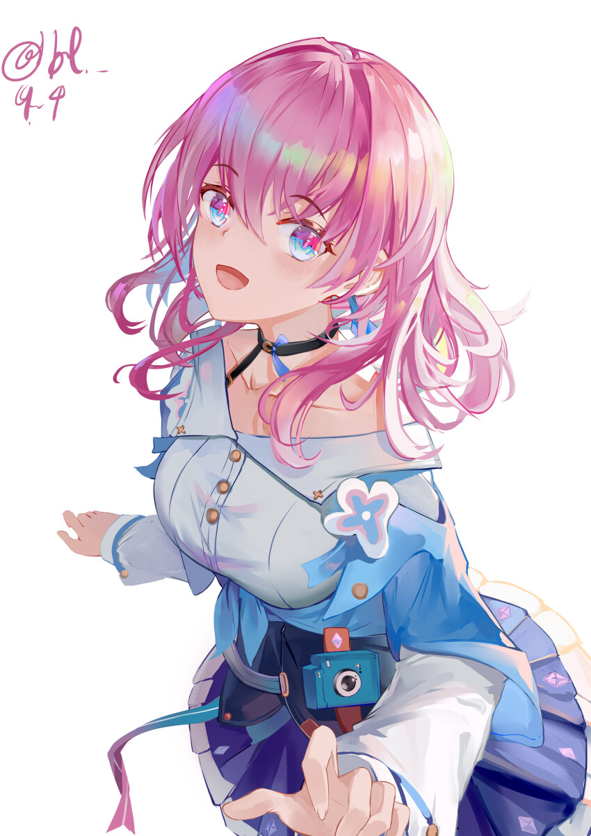 1girl absurdres artist_name ban_tang black_choker black_overskirt blue_eyes blue_jacket blue_skirt bra_strap breasts buttons camera chinese_commentary choker collarbone commentary_request earrings flower_ornament highres honkai:_star_rail honkai_(series) jacket jewelry long_sleeves looking_at_viewer march_7th_(honkai:_star_rail) march_7th_(preservation)_(honkai:_star_rail) medium_breasts medium_hair miniskirt multicolored_eyes off-shoulder_jacket off_shoulder open_mouth overskirt pink_eyes pink_hair pink_pupils pleated_skirt shirt single_earring skirt smile solo tied_jacket two-tone_eyes underbust upper_body white_background white_shirt