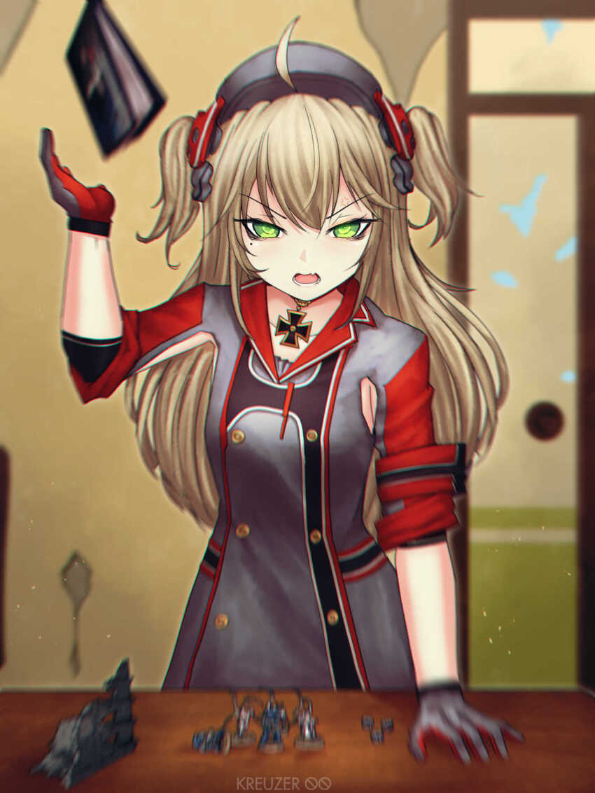 1girl admiral_hipper_(azur_lane) anger_vein angry armpit_cutout artist_name azur_lane bags_under_eyes blonde_hair blurry blurry_background blurry_foreground book breasts buttons clothing_cutout collarbone commentary commission cross double-breasted dress english_commentary fang gloves green_eyes grey_dress grey_gloves highres hole_in_wall iron_cross kreuzer_00 miniature mole mole_under_eye open_mouth poverty skin_fang sleeves_rolled_up sliding_doors small_breasts solo throwing_book two_side_up v-shaped_eyebrows warhammer_40k