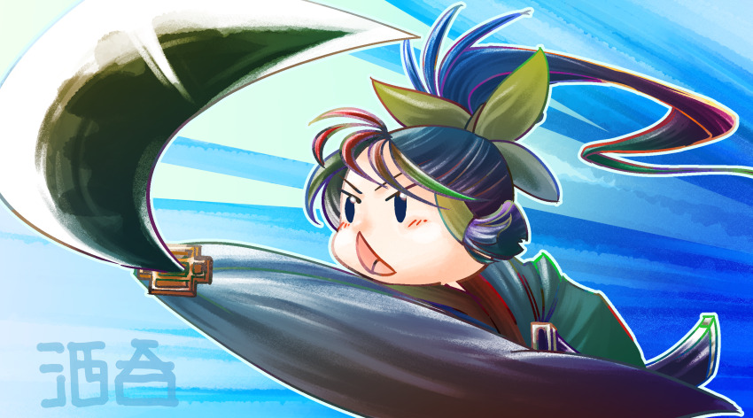 1girl alternate_costume black_eyes black_hair blue_background blush bow commentary_request cookie_(touhou) green_bow grey_kimono hair_bow hair_tubes hakurei_reimu high_ponytail highres japanese_clothes katana kimono long_hair open_mouth ponytail sakenomi_(cookie) simple_background solo sword touhou triangle_mouth ukiwagirl upper_body weapon