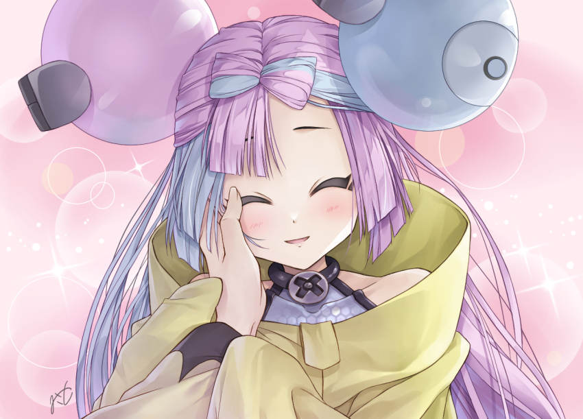 1boy 1girl aqua_hair asymmetrical_bangs blue_hair blush bow-shaped_hair character_hair_ornament closed_eyes creatures_(company) facing_viewer game_freak grey_leotard grusha_(pokemon) hair_ornament hexagon_print iono_(pokemon) jacket leotard long_hair long_sleeves multicolored_hair nintendo parted_lips pink_background pink_hair pokemon pokemon_sv pov shirt signature sleeveless sleeveless_shirt sleeves_past_fingers sleeves_past_wrists smile sparkle_background split-color_hair upper_body very_long_hair waterlight x yellow_jacket