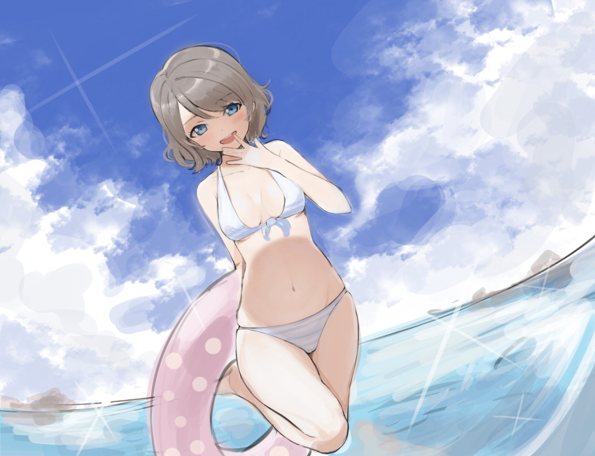 1girl beach bikini blue_eyes breasts cleavage cloud cloudy_sky grey_hair highres looking_at_viewer love_live! love_live!_sunshine!! medium_breasts medium_hair navel ocean outdoors sky smile solo stomach swimsuit tube watanabe_you