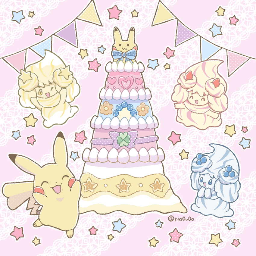 alcremie alcremie_(berry_sweet) alcremie_(strawberry_sweet) alcremie_(vanilla_cream) cake commentary_request dynamax food gen_1_pokemon gen_8_pokemon gigantamax gigantamax_alcremie happy highres layer_cake nintendo no_humans one_eye_closed open_mouth pikachu pink_background pokemon pokemon_(creature) rio_(rio0v0o) star_(symbol) string_of_flags twitter_username