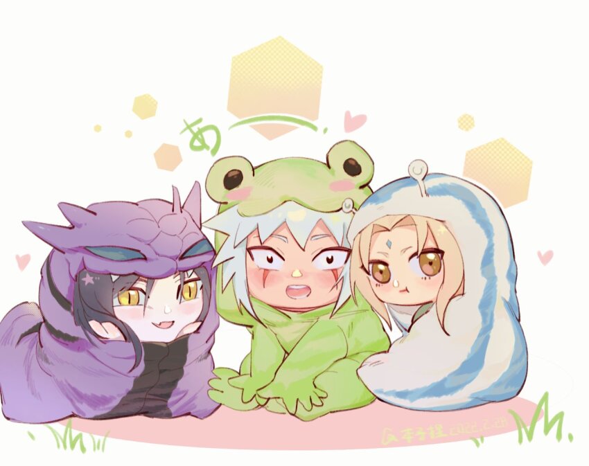 1girl animal_costume black_hair blonde_hair blush blush_stickers brown_eyes chibi colored_sclera facial_mark fang forehead_mark grass hair_between_eyes hands_on_own_face heart hexagon jiraiya_(naruto) katsuyu looking_at_viewer lying manda_(naruto) mine00451 multiple_boys naruto_(series) naruto_shippuuden on_stomach open_mouth orochimaru_(naruto) pale_skin pout slit_pupils slug_costume smile snake_costume spiked_hair toad_(animal) tsunade_(naruto) white_hair yellow_eyes