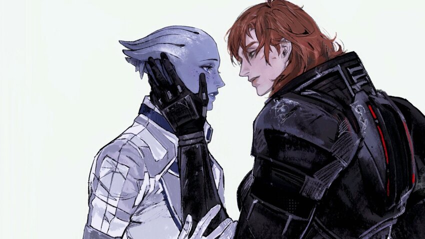 2girls alien blue_eyes blue_lips blue_skin breasts cbb_(tuucoo) colored_skin commander_shepard commander_shepard_(female) freckles gloves grey_background hand_on_another&#039;s_arm hand_on_another&#039;s_cheek hand_on_another&#039;s_face highres jacket liara_t&#039;soni mass_effect_(series) mass_effect_3 medium_breasts medium_hair multiple_girls n7_armor parted_lips red_hair smile white_gloves white_jacket yuri